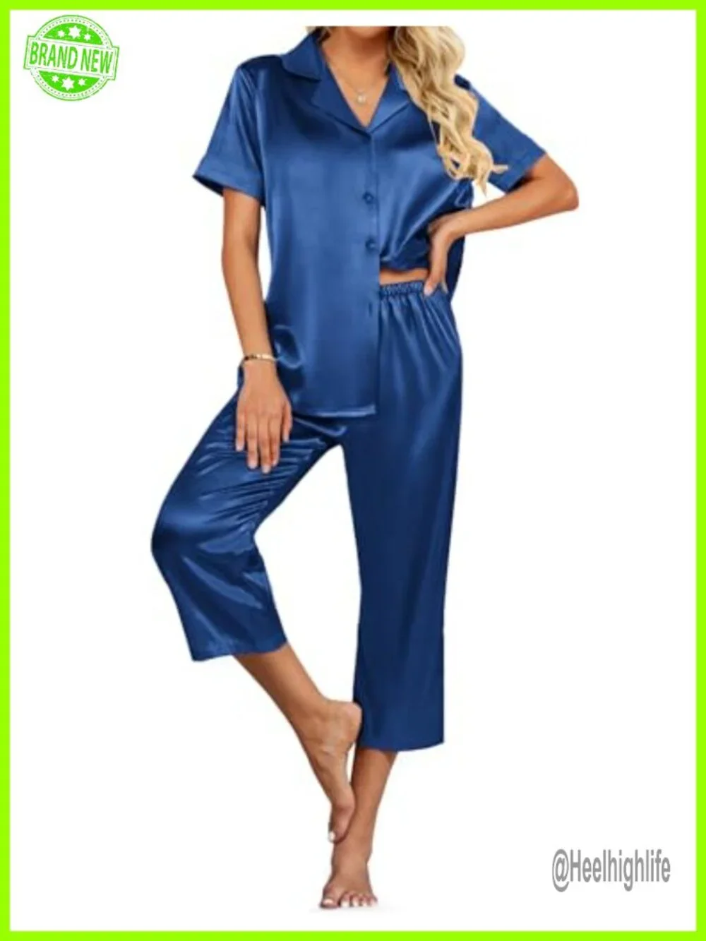 Satin Pajama Set 2 Piece Lounge Short Sleeve Button Down Capri Sleepwear